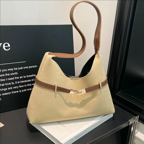 Vintage Wildleder Schultertasche Für Damen Große Kapazität Minimalistische Hobo Handtasche Mit Kontrast Lederriemen