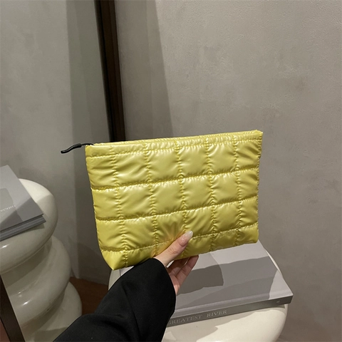 Bolso de Maquillaje Acolchado de Moda para Mujer Nylon Brillante Metalizado Bolso de Mano Cuadrado Organizador de Almacenamiento de Viaje