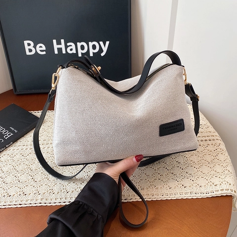 Women Knit Fabric Crossbody Shoulder Bag Large Capacity Minimalist Urban Niche Design Zipper Closure Leather Trim