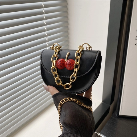 Bolso de Hombro Media Luna con Cereza para Mujer Bolso Cruzado de Cuero PU con Cadena de Oro Moda Simple Bolso de Mano