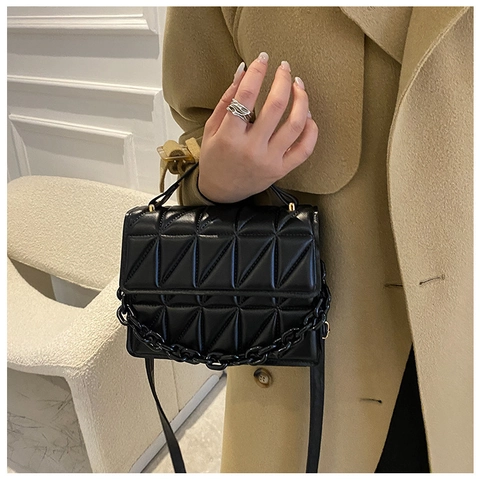 Quilted Crossbody Bag PU Leather Triangle Pattern Thick Chain Decor Top Handle Flap Square Shoulder Bag For Women