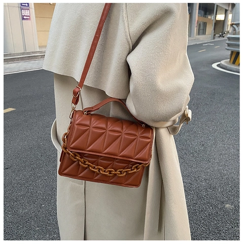 Quilted Crossbody Bag PU Leather Triangle Pattern Thick Chain Decor Top Handle Flap Square Shoulder Bag For Women