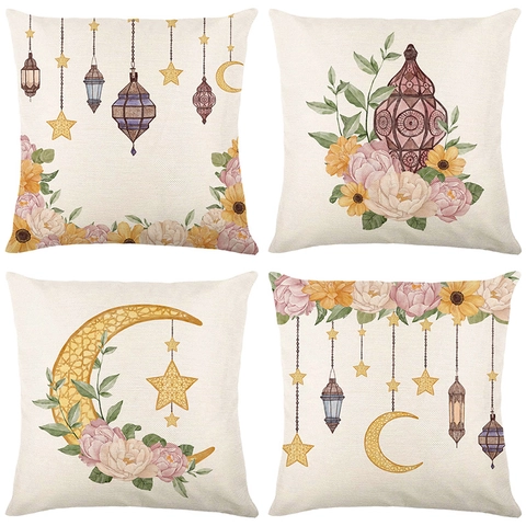 Ramadan Mond Stern Laterne Dekokissenbezug Dekorativ Floral Aquarell Leinen Textur Polyester Zuhause Kissenhülle