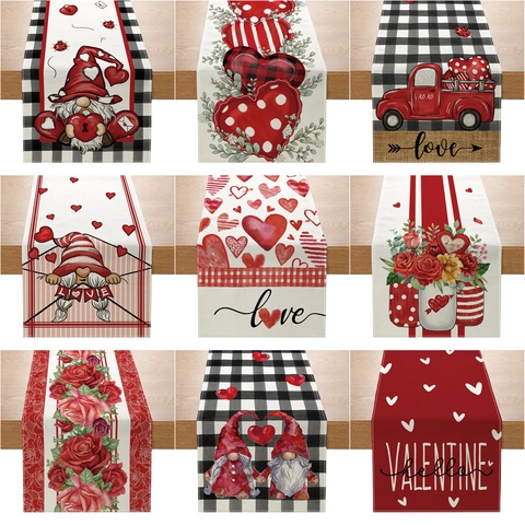 Valentine's Day Table Runner Heart Gnome Truck Floral Print Polyester Linen Feel Tablecloth For Romantic Home Dining Party Decoration
