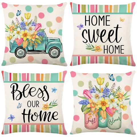 Funda De Cojín Estampada Con Flores Nórdicas Poliéster Textura Lino Decorativa Hogar Sala De Estar Sofá Estilo Rústico