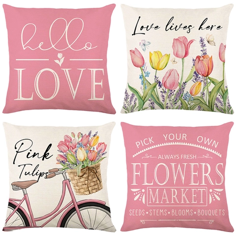 Lente Serie Kussensloop Tulpen Bloemenpatroon Polyester Katoen Linnen Textuur Vintage Decoratieve Kussenhoes Voor Sofa Home Decor