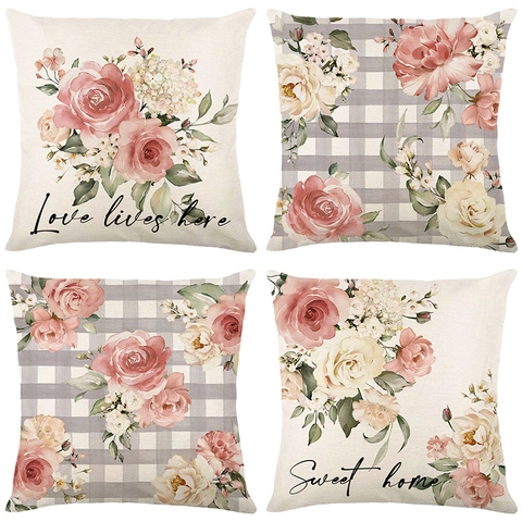 Vintage Floral Print Pillowcase Polyester Linen Blend Square Cushion Cover For Living Room Sofa Home Decor