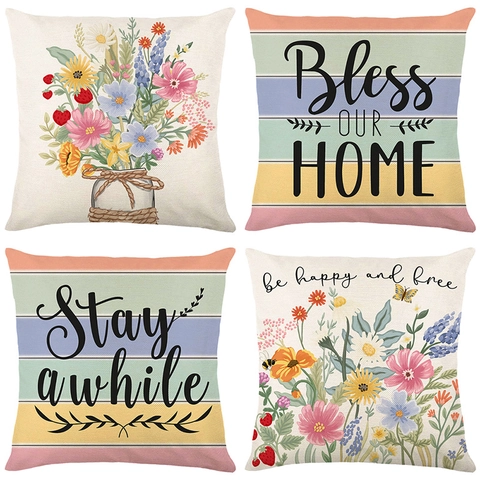 Funda De Cojín Flores De Primavera Poliéster Textura Lino Decoración Sofá Hogar Cremallera Invisible