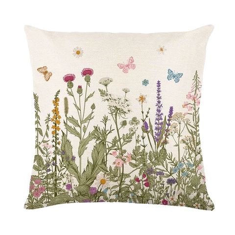 Kissenbezüge Mit Blumen Und Schmetterlingen Polyester Leinentextur Briefdruck Quadratische Kissenhüllen Frühling Dekoration