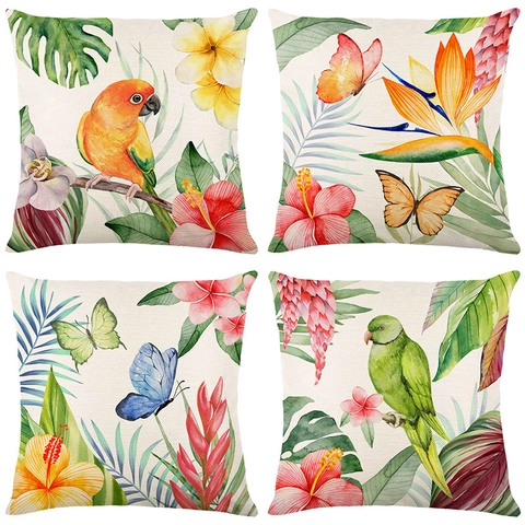 Federa Per Cuscino Con Stampa Fiori E Uccelli Tropicali Pappagallo Poliestere Trama Lino Copricuscino Decorativo Divano