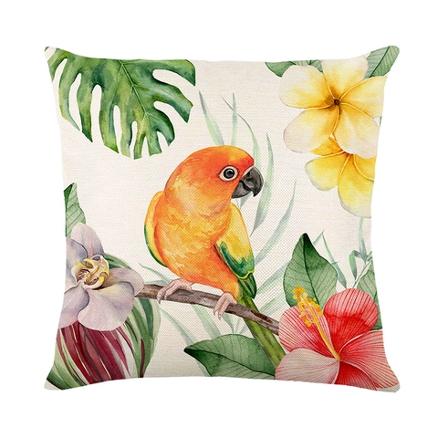 Federa Per Cuscino Con Stampa Fiori E Uccelli Tropicali Pappagallo Poliestere Trama Lino Copricuscino Decorativo Divano