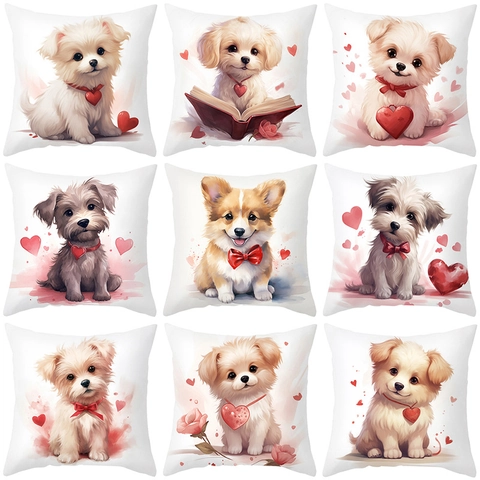 Valentijnsdag Schattige Cartoon Hond Print Kussensloop Liefde Hart Patroon Polyester Vierkante Decoratieve Kussenhoes Bank