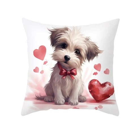 Valentijnsdag Schattige Cartoon Hond Print Kussensloop Liefde Hart Patroon Polyester Vierkante Decoratieve Kussenhoes Bank