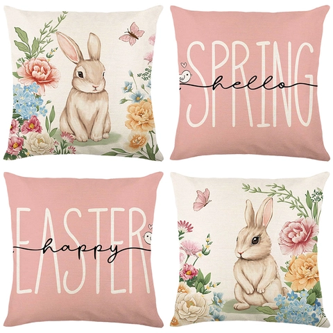 Pasen Kussensloop Polyester Imitatie Linnen Konijn Ei Bloem Lente Decoratieve Kussenhoes Voor Sofa Huisdecoratie