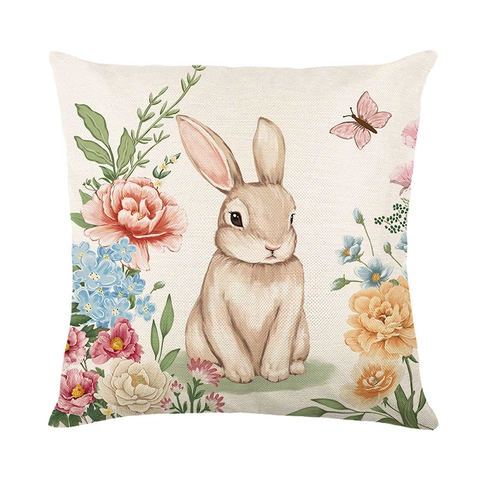 Pasen Kussensloop Polyester Imitatie Linnen Konijn Ei Bloem Lente Decoratieve Kussenhoes Voor Sofa Huisdecoratie