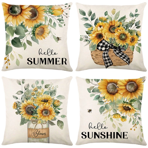 Sunflower Print Cushion Cover Polyester Linen Texture Decorative Pillowcase Summer Flower Bee Design For Sofa Living Room