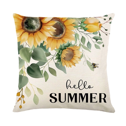 Sunflower Print Cushion Cover Polyester Linen Texture Decorative Pillowcase Summer Flower Bee Design For Sofa Living Room