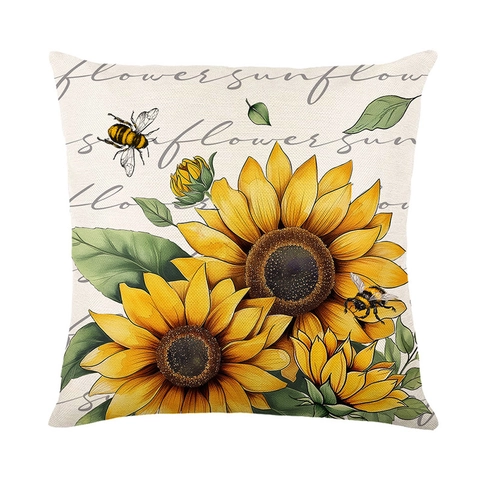 Sunflower Bee Decorative Throw Pillow Covers Polyester Linen Texture Square Printed Cushion Cases Home Sofa Farmhouse Style