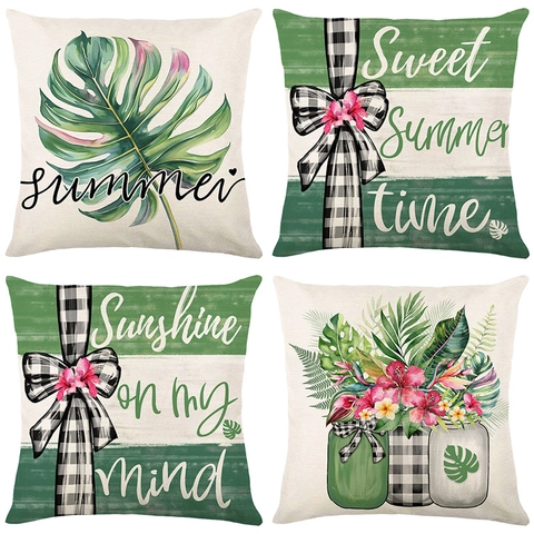 Tropical Green Leaf Pillow Covers Faux Linen Summer Letter Printed Cushion Cases For Sofa Living Room Decor