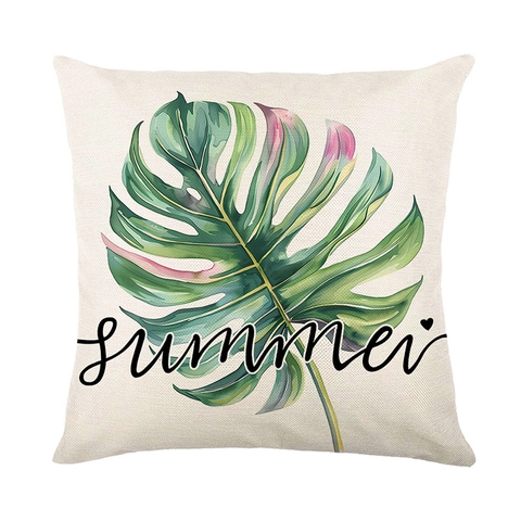 Tropical Green Leaf Pillow Covers Faux Linen Summer Letter Printed Cushion Cases For Sofa Living Room Decor