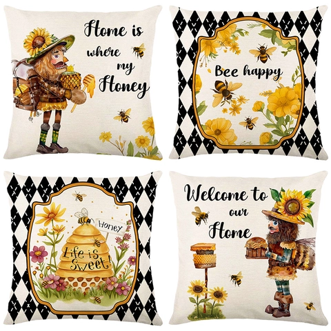 Bee Day Theme Sunflower Gnome Print Decorative Pillow Covers Linen Look Polyester Throw Pillowcase For Home Sofa Couch Decor