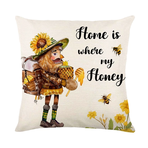 Bee Day Theme Sunflower Gnome Print Decorative Pillow Covers Linen Look Polyester Throw Pillowcase For Home Sofa Couch Decor