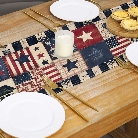 Patriottische Tafelloper Sterren En Strepen Onafhankelijkheidsdag Decoratie Polyester Linnenlook Vintage Boerderij Tafel