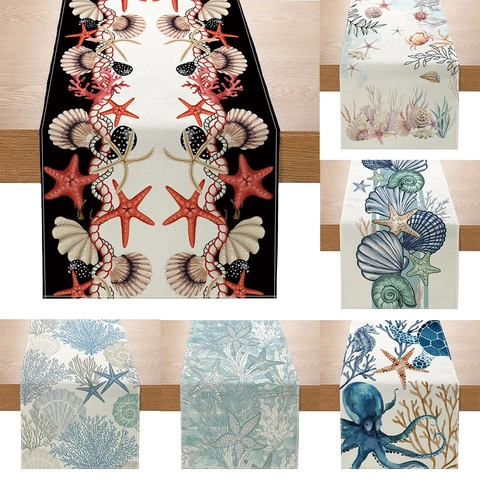 Runner da Tavolo Modello Vita Marina Oceano Conchiglia Stella Marina Corallo Stampato Poliestere Trama Lino Tovaglia per Arredamento Cucina