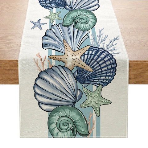 Runner da Tavolo Modello Vita Marina Oceano Conchiglia Stella Marina Corallo Stampato Poliestere Trama Lino Tovaglia per Arredamento Cucina