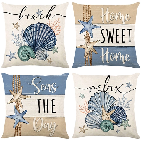 Federa Decorativa Oceano Stella Marina Capasanta Poliestere Effetto Lino Copricuscino per Divano Soggiorno Decorazione Casa Tema Spiaggia