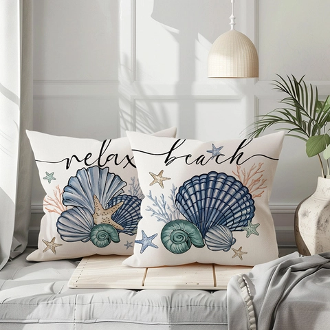 Federa Decorativa Oceano Stella Marina Capasanta Poliestere Effetto Lino Copricuscino per Divano Soggiorno Decorazione Casa Tema Spiaggia