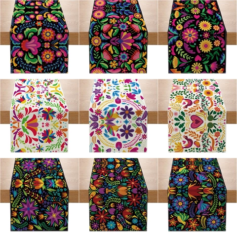 Mexican Table Runner Otomi Folk Art Style Colorful Floral Bird Print Polyester Boho Retro Dining Table Decor