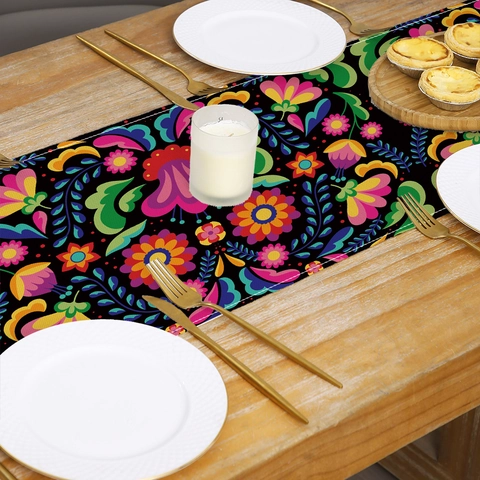 Mexican Table Runner Otomi Folk Art Style Colorful Floral Bird Print Polyester Boho Retro Dining Table Decor