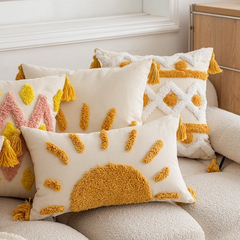 Bohemian Getuft Katoenen Kussensloop Met Kwastjes 3D Geborduurd Zon Geometrisch Sierkussenhoes Voor Sofa Woonkamer Decor