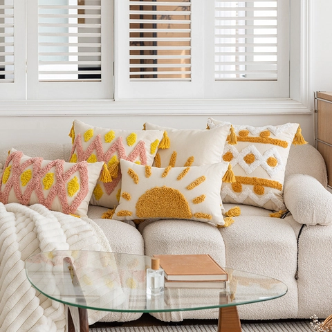 Bohemian Getuft Katoenen Kussensloop Met Kwastjes 3D Geborduurd Zon Geometrisch Sierkussenhoes Voor Sofa Woonkamer Decor