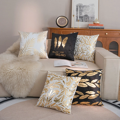 Luxury Bronzing Cushion Cover Polyester Short Plush Gold Stamped Leaf Feather Decorative Pillow Case For Sofa Living Room Home Decor Vintage Style