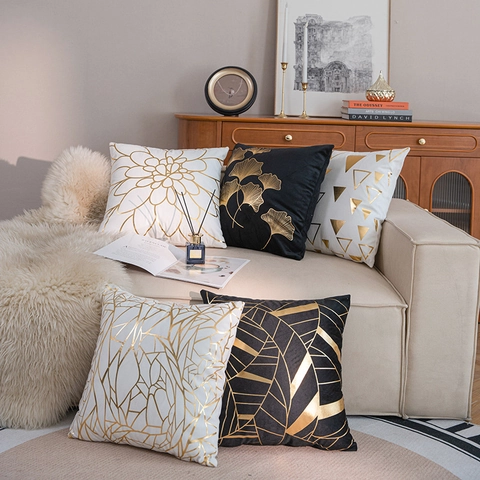 Gilded Bronzing Throw Pillow Cover Modern Geometric Leaf Line Cushion Case Short Plush For Living Room Sofa Home Decor