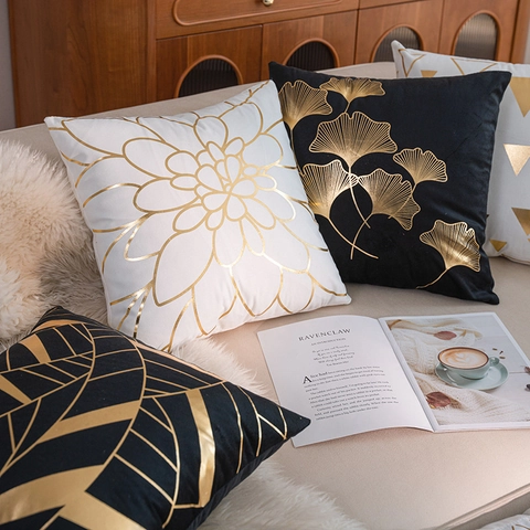 Gilded Bronzing Throw Pillow Cover Modern Geometric Leaf Line Cushion Case Short Plush For Living Room Sofa Home Decor