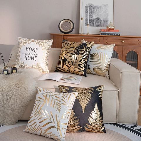 Gold Leaf Tropical Plant Cushion Cover Luxury Short Plush Polyester Letter Print Pillowcase For Sofa Living Room Home Decor
