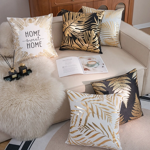 Gold Leaf Tropical Plant Cushion Cover Luxury Short Plush Polyester Letter Print Pillowcase For Sofa Living Room Home Decor