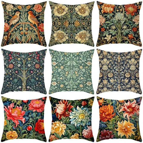 Vintage Floral Pattern Square Throw Pillow Cover Peach Skin Polyester Cushion Case For Sofa Home Decor Classical Art Print
