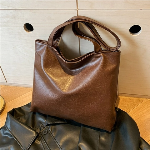Borsa Tote da Donna in Pelle PU di Grande Capacità Minimalista Casual Borsa a Tracolla Retro Per Ufficio Scuola Quotidiana