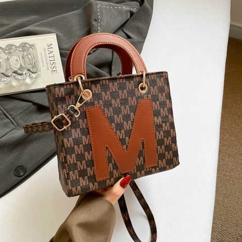 Women Fashion Monogram Handbag Retro PU Leather Shoulder Crossbody Bag With Top Handle Magnetic Buckle Daily Versatile