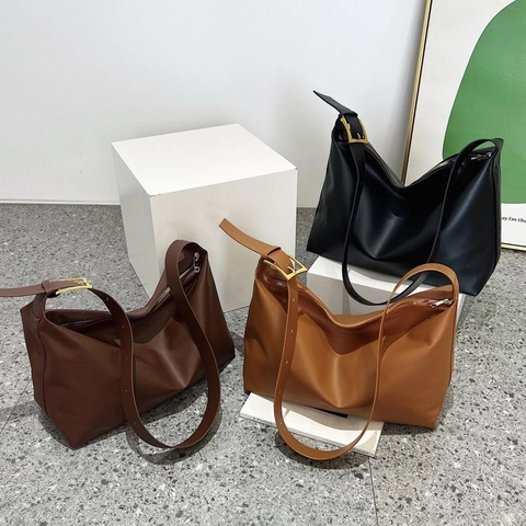 Bolso De Hombro Minimalista Para Mujer De Cuero PU Gran Capacidad Bolso Hobo Retro Con Costuras Y Hebilla Dorada