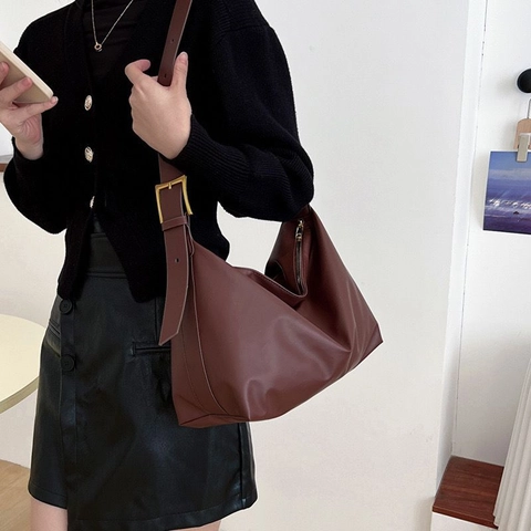 Bolso De Hombro Minimalista Para Mujer De Cuero PU Gran Capacidad Bolso Hobo Retro Con Costuras Y Hebilla Dorada