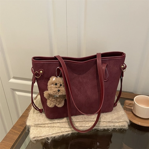 Women Tote Bag Faux Suede Large Capacity Commute Minimalist Shoulder Handbag With Side Drawstring And Plush Pendant