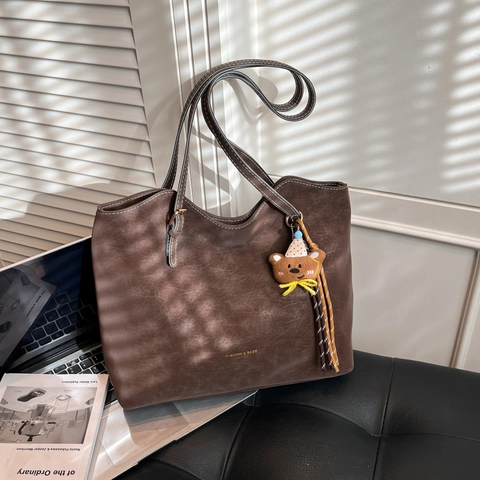 Bolso Tote de Cuero Sintético Esmerilado Retro Mujer Gran Capacidad Bolso de Hombro Colgante Oso Costuras en Contraste