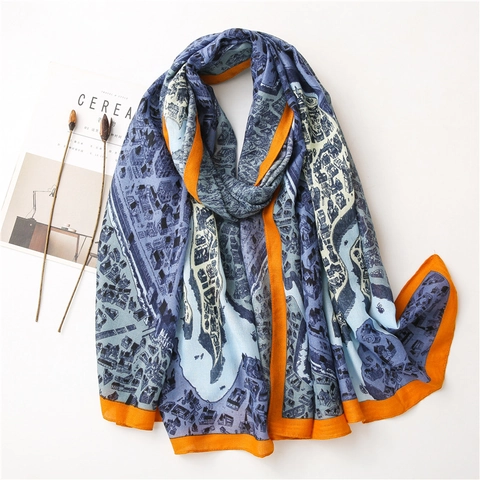 Damen Langer Schal Vintage Stadtplan Architektur Druck Leichter Polyester Schal Mode Accessoire