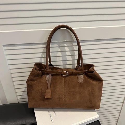 Sac Fourre-tout Vintage en Suédine de Grande Capacité Pour Femme Sac à Bandoulière Décontracté Avec Boucle Métallique Ceinture Décorative