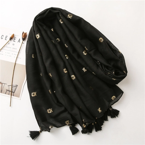 Damen Schal Stola Baumwolle Leinen Haptik Polyester Goldener Tigerkopf Druck Mit Quasten Retro Elegant
